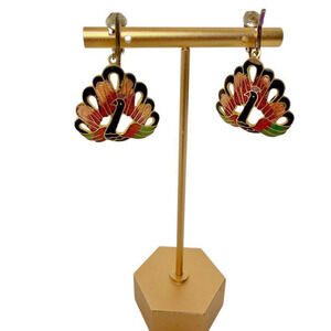 Vintage Cloisonne Peacock Clip On Earrings and Swan Stick Lapel Pin Goldtone